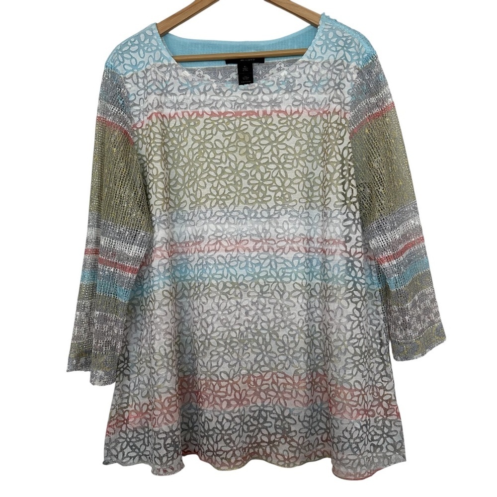 Ali Miles Tunic Top Womens XL  Pastel Daisy Burnout Mesh Sleeves Artsy Lagenlook